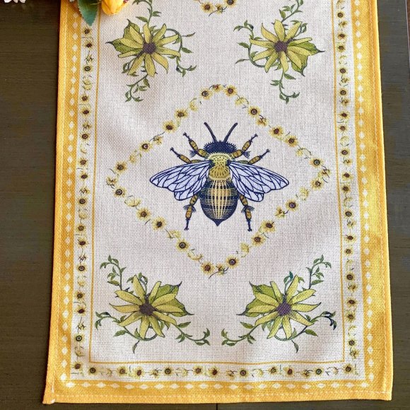 Spring Summer Golden Yellow Traditional Vintage Bees Floral 72" Table Runner New - Picture 1 of 5